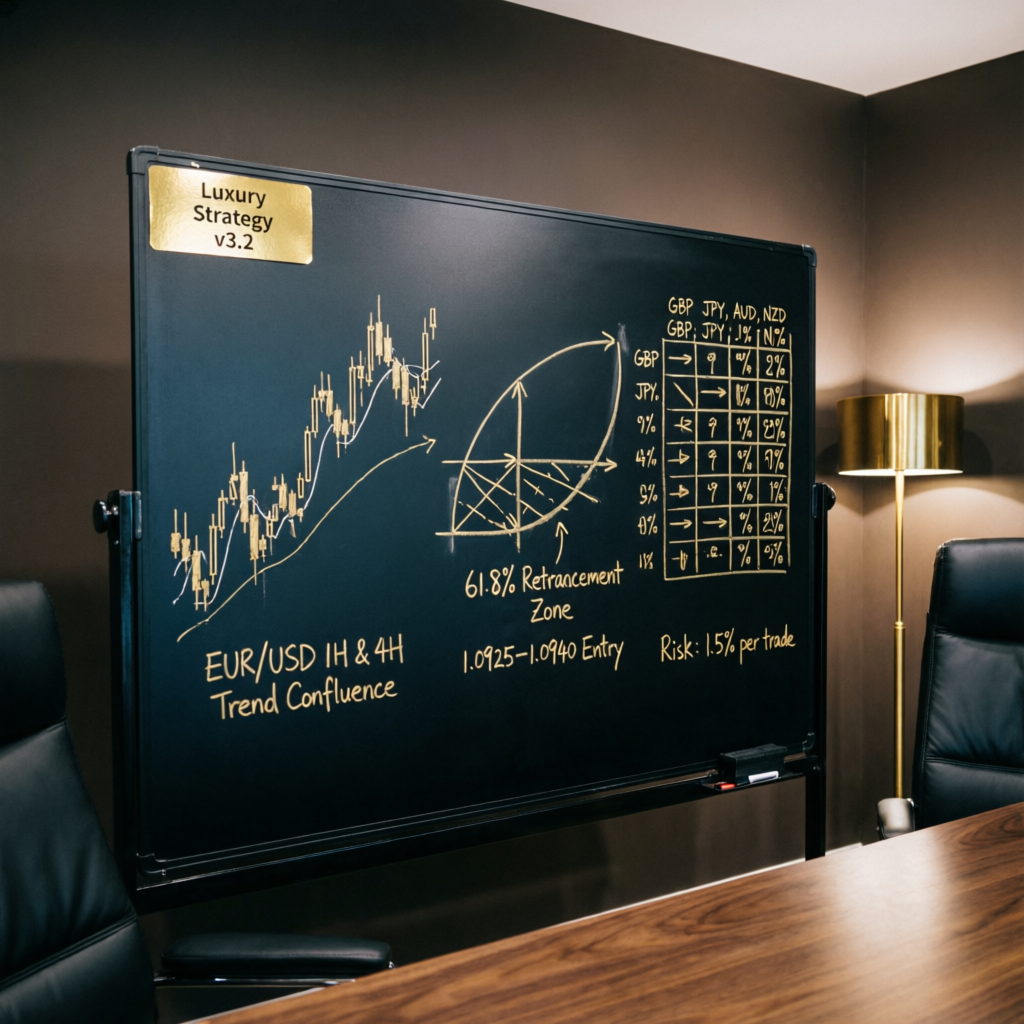 Luxury trading strategy whiteboard with complex forex analysis and gold markers