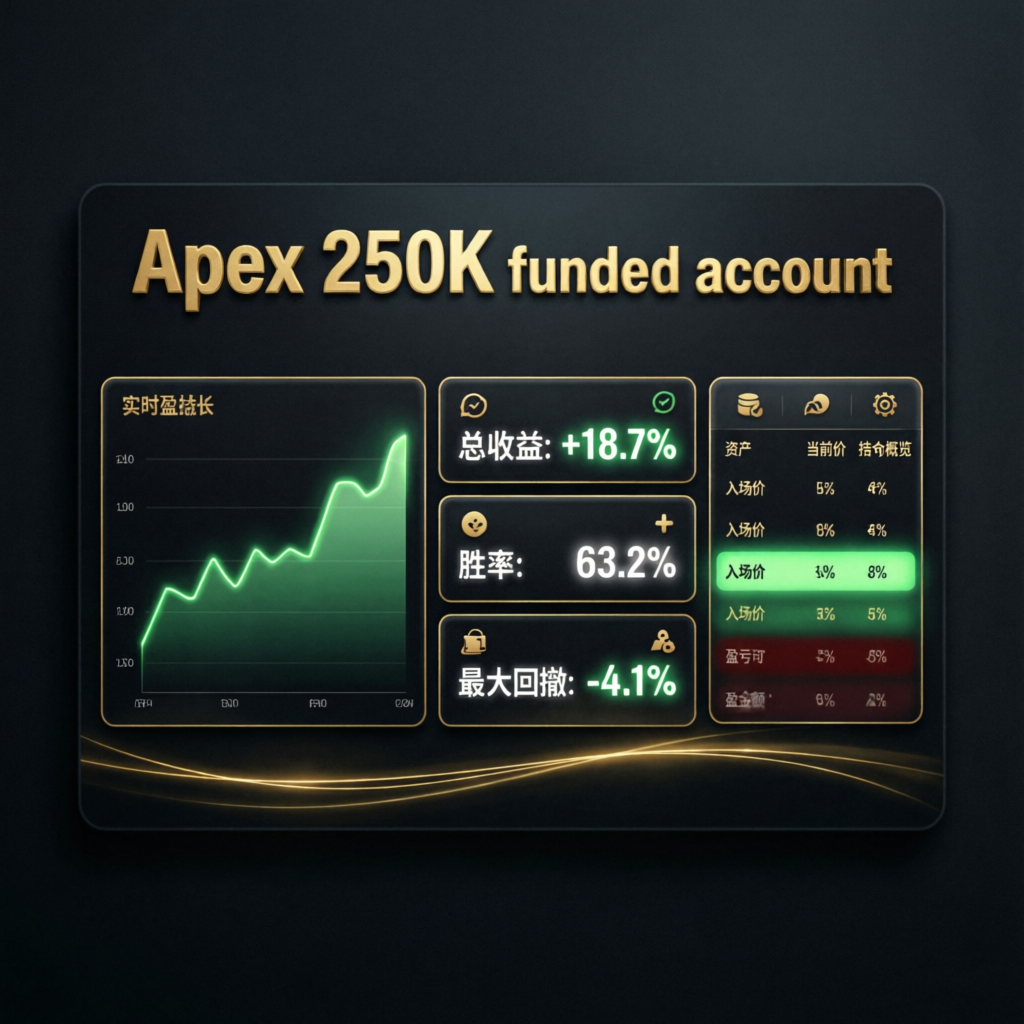 Apex 250K funded account dashboard showing profit metrics and trading performance