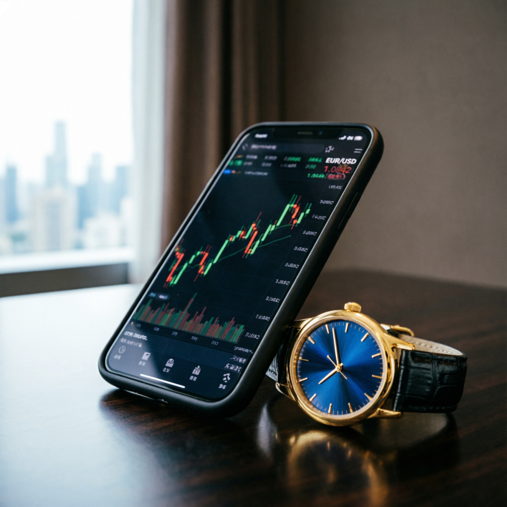 Premium mobile trading setup showing smartphone with forex charts and luxury watch