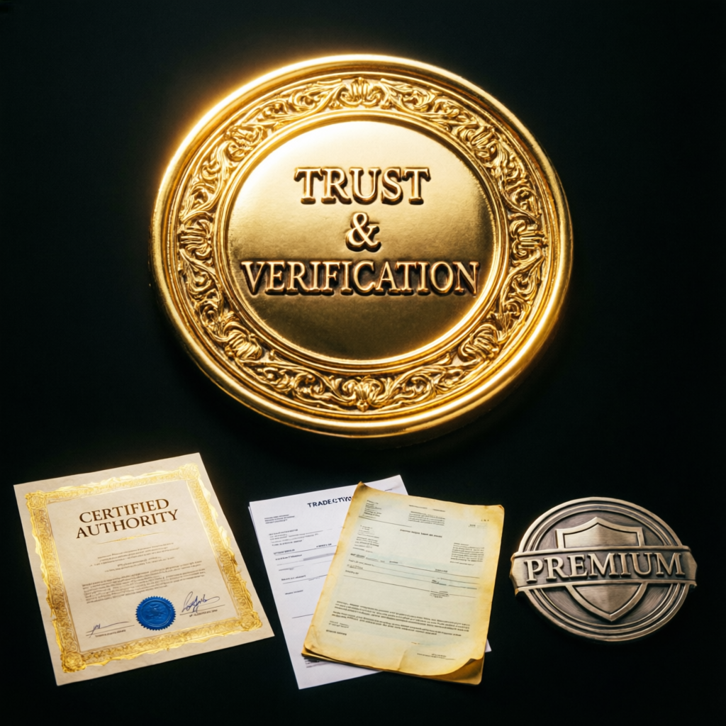 Premium trust and verification concept with golden seal and certificates