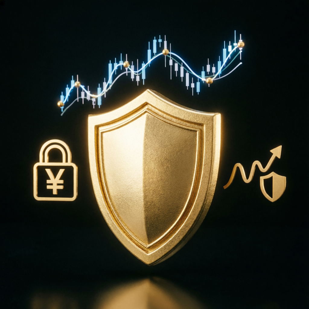 Luxury risk management concept with golden shield and trading charts on black background