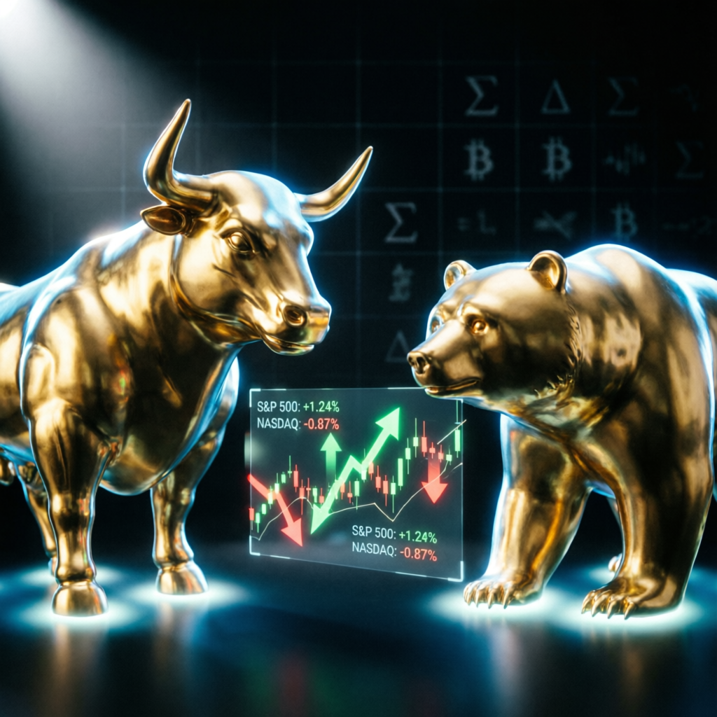 Bull and bear statues representing market psychology