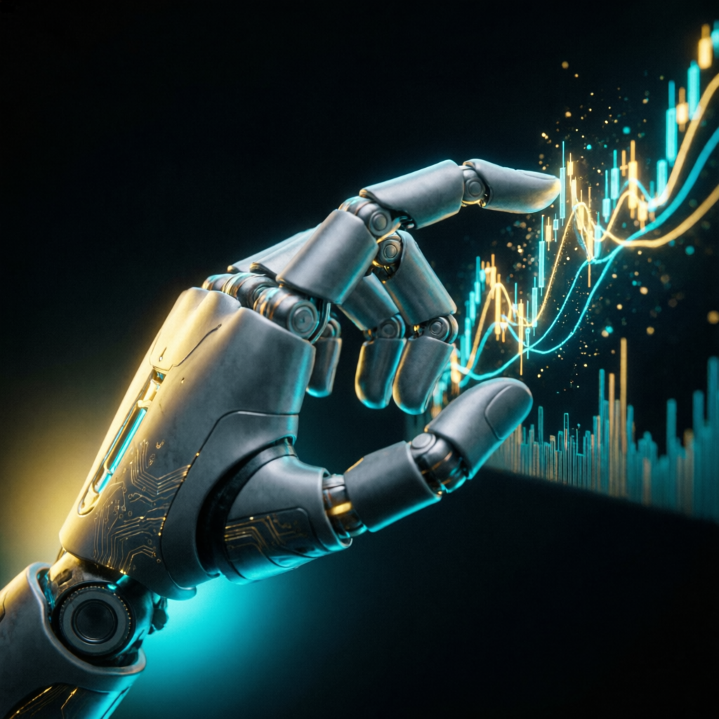 AI robot hand executing trades on holographic chart