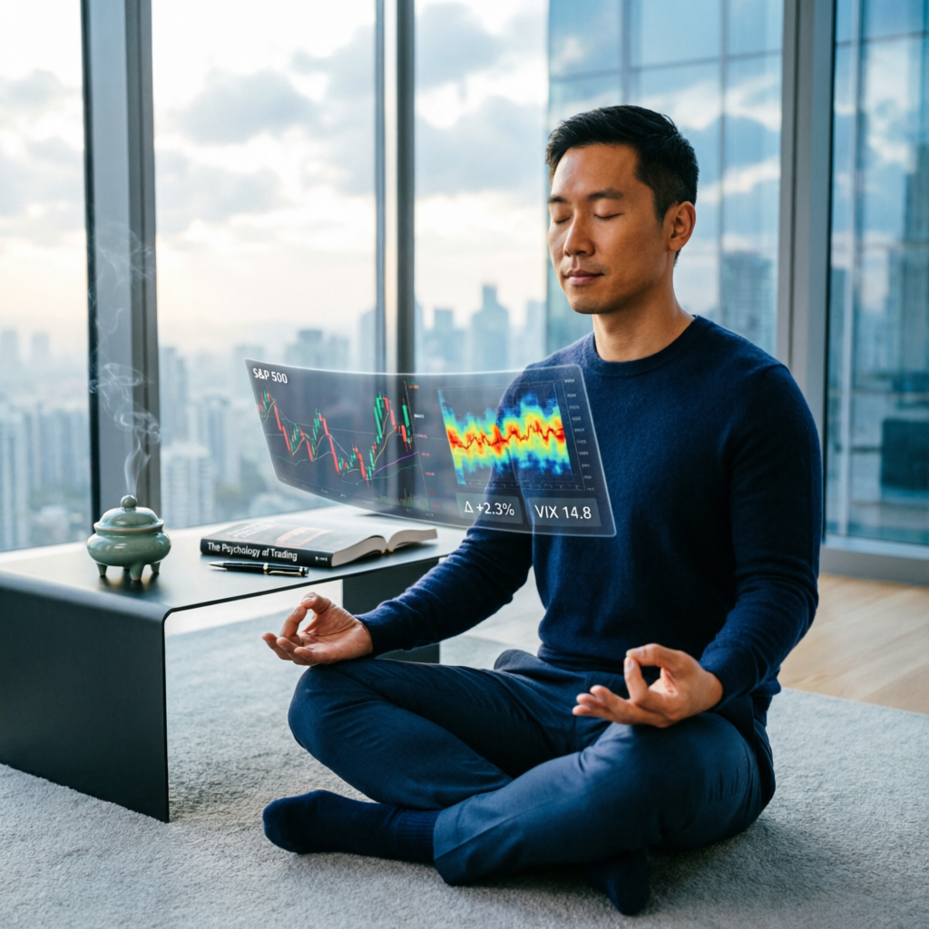 Trading psychology - calm trader maintaining discipline with financial charts