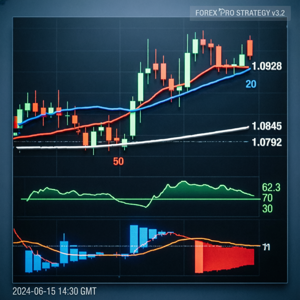 Professional forex trading strategy chart with technical analysis indicators