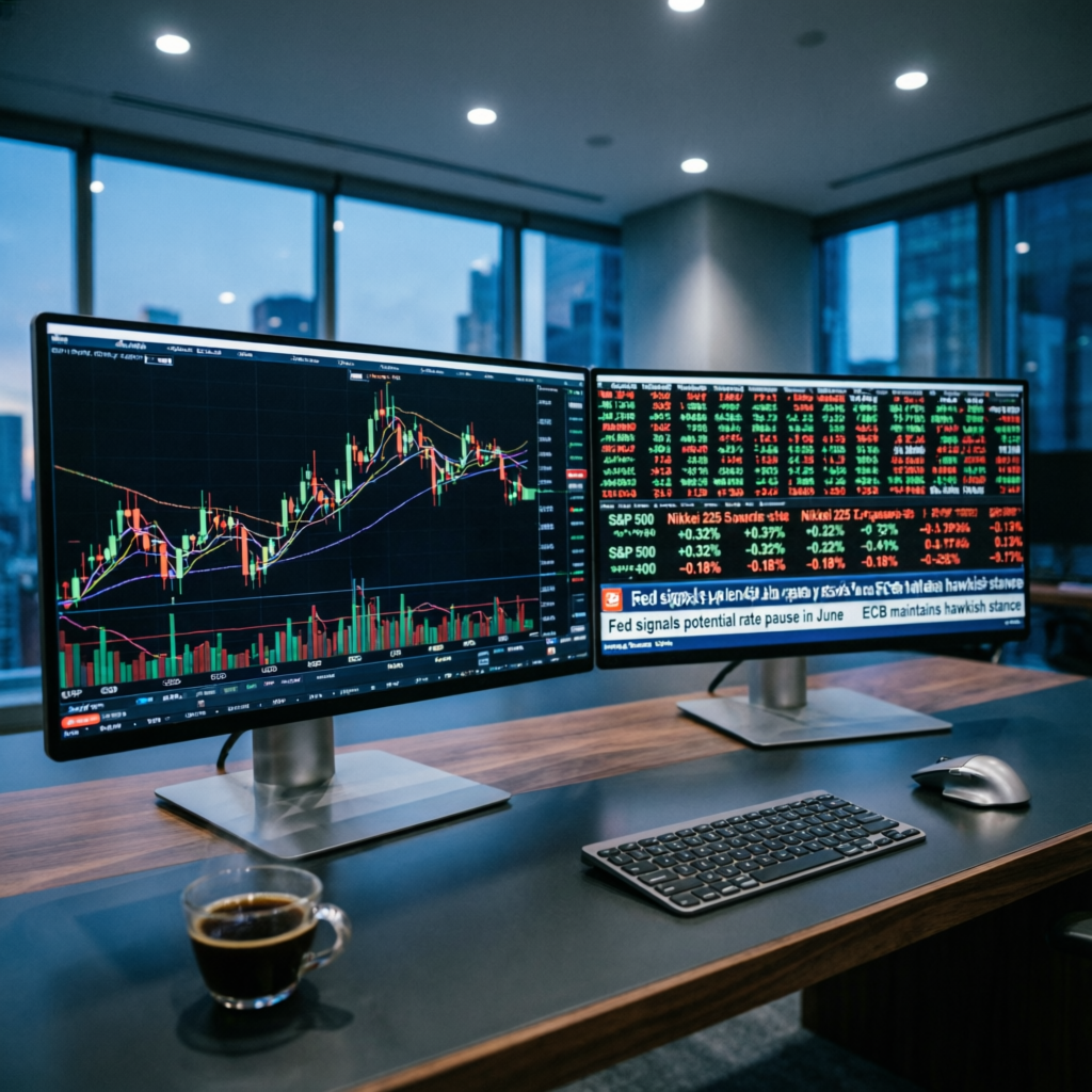 Professional trading desk with multiple monitors showing forex charts - PFM Capitals prop firms passing service