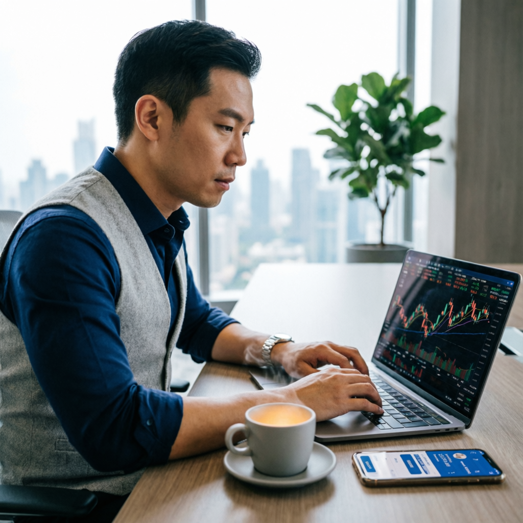 Professional forex trader analyzing charts on laptop - best prop firms for beginners guide