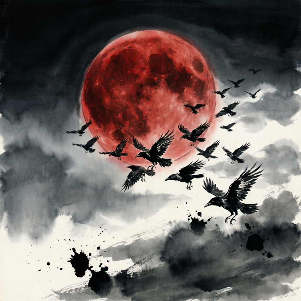 Crows across the blood moon