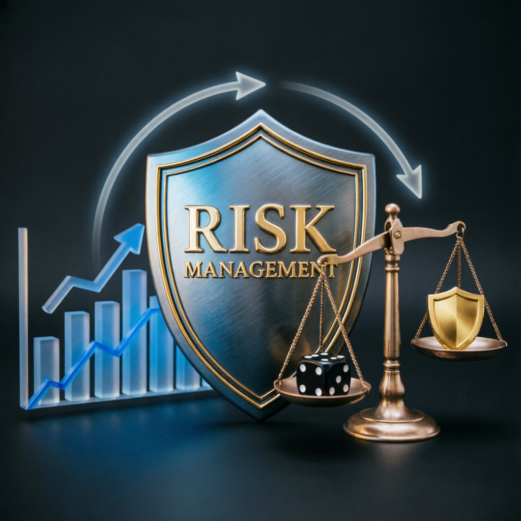 Risk management shield protecting forex trading accounts and funded trader capital
