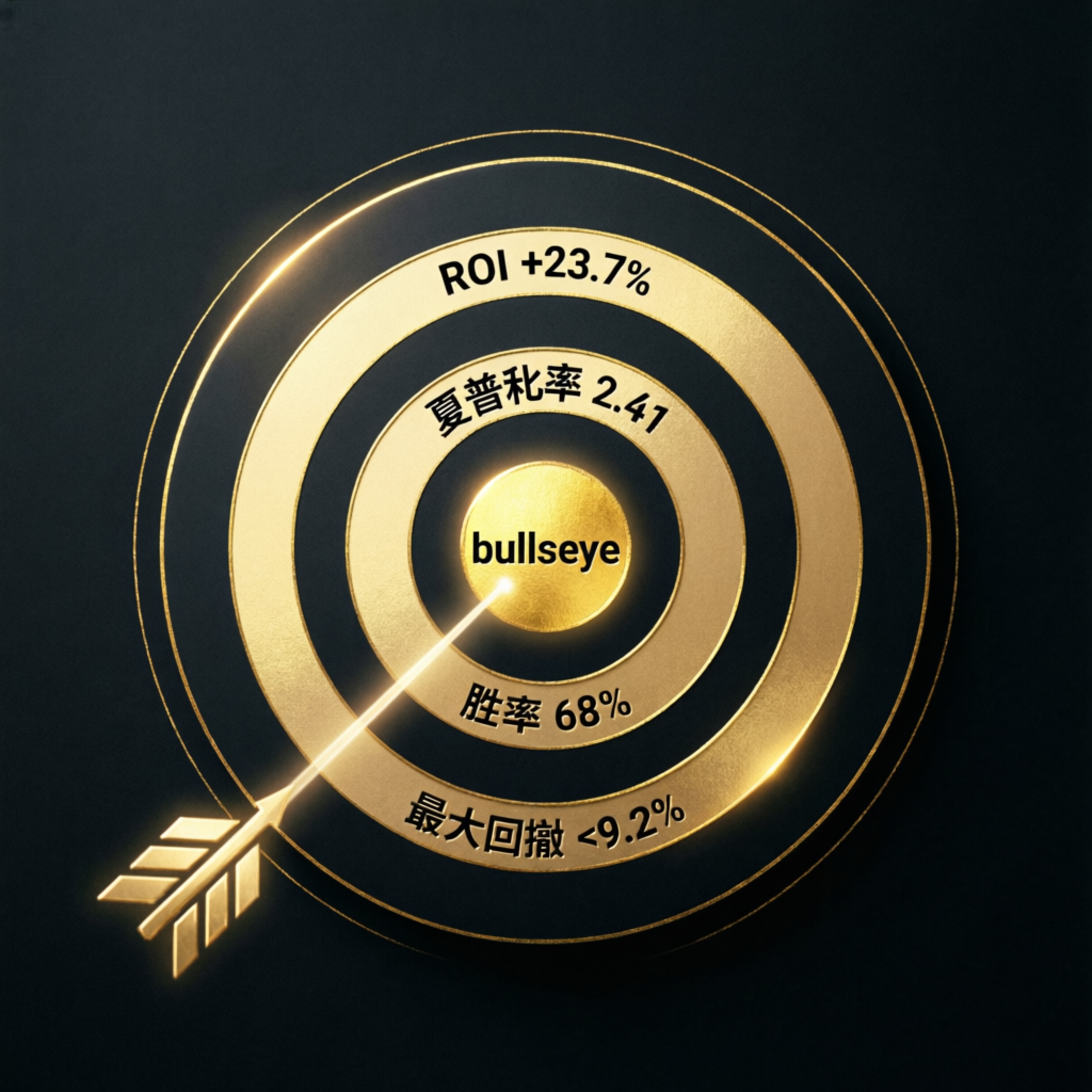 Trading strategy target showing ROI, win rate, and maximum drawdown metrics