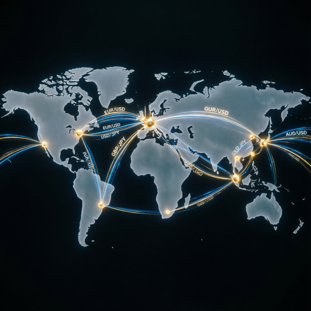 Global forex trading network showing worldwide prop firm trading operations