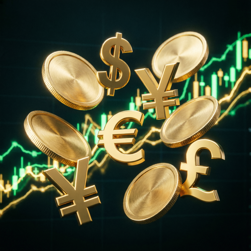 3D golden currency symbols representing forex trading profits and funded account payouts