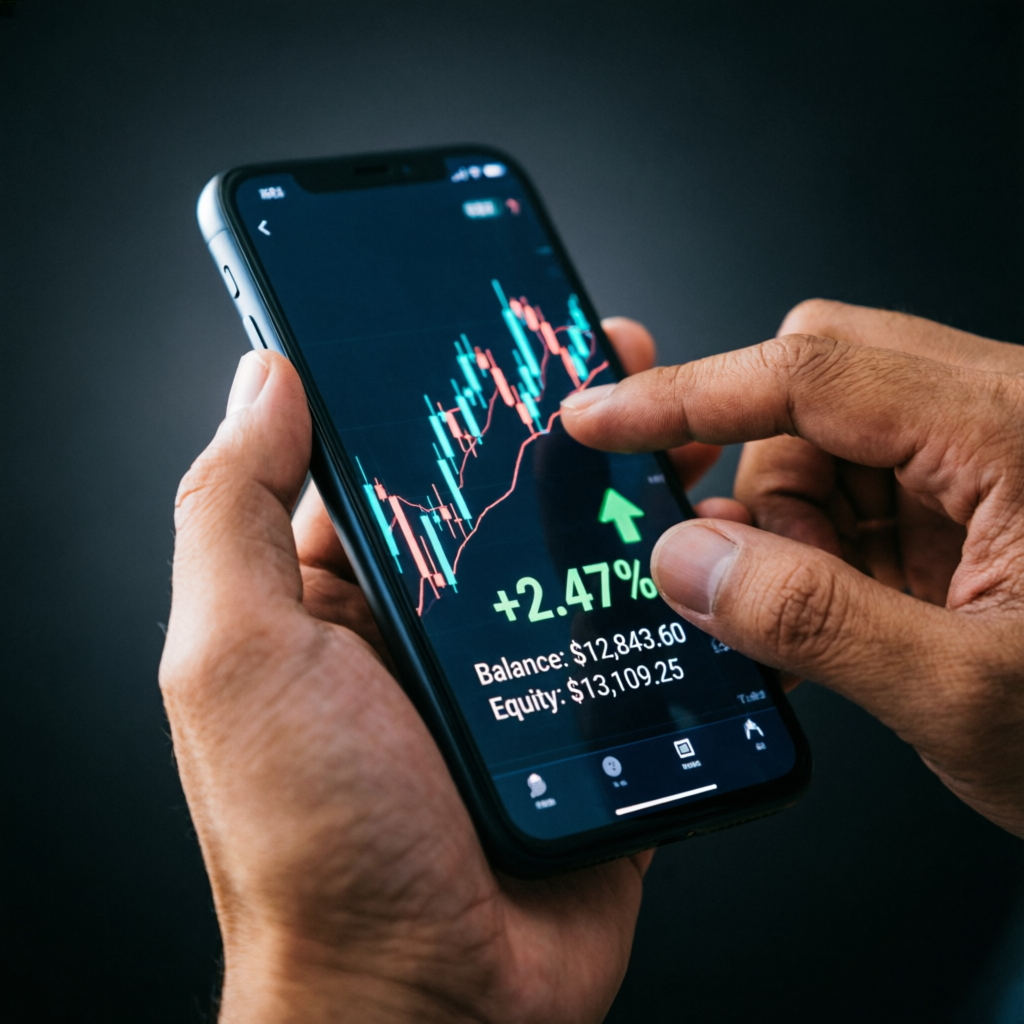 Mobile forex trading app showing profit charts and account management on smartphone
