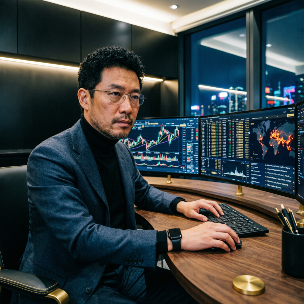 Professional forex trader managing prop firm accounts with multiple monitors showing trading charts