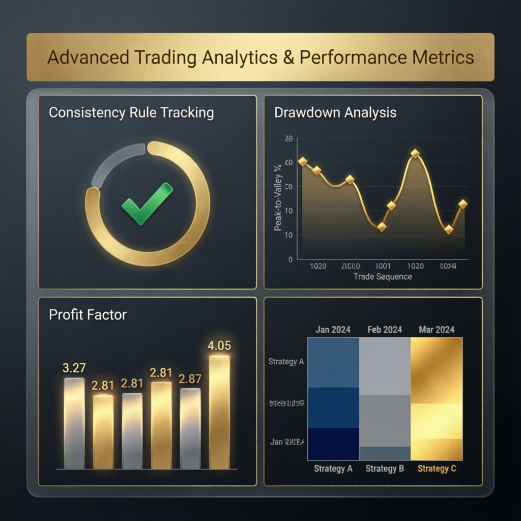 Advanced trading analytics showing consistency and profit factor