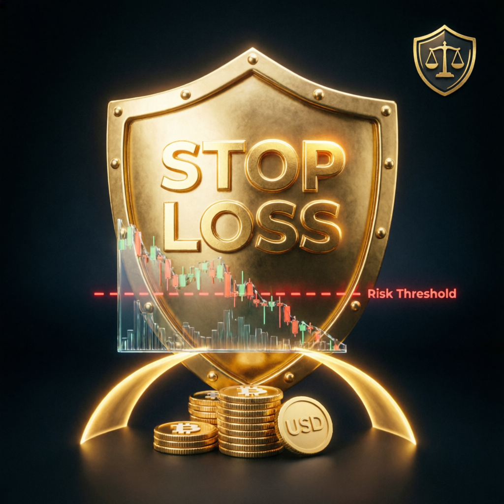 Risk management shield protecting trading capital with stop loss visualization