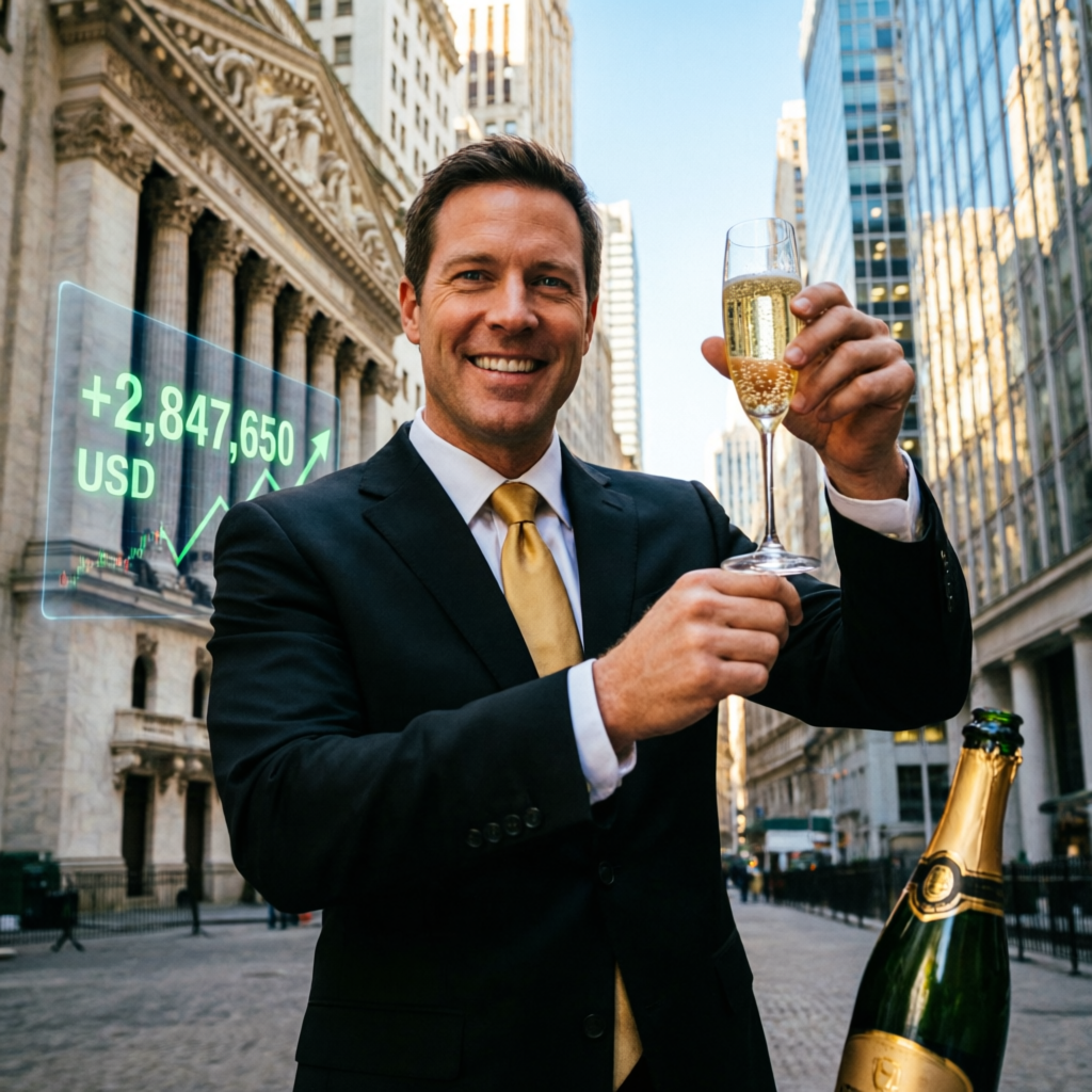 Funded trader celebrating success with champagne on Wall Street