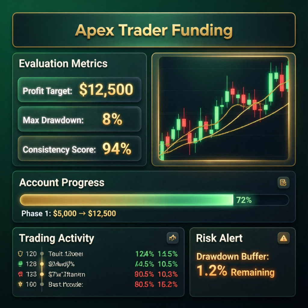 Apex Trader Funding evaluation dashboard showing profit targets and metrics