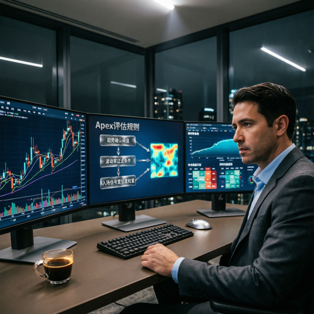 Professional trader analyzing Apex evaluation rules on multiple monitors