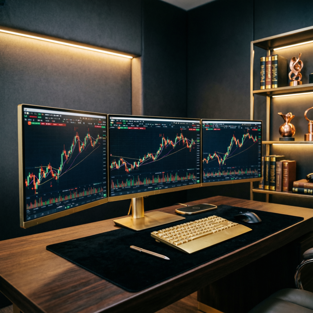 Luxury Trading Workspace with Multiple Monitors