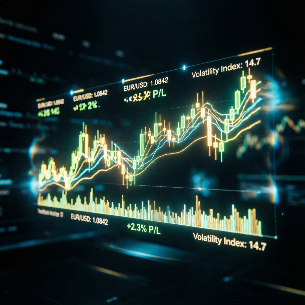 Futuristic trading dashboard with forex charts and profit indicators