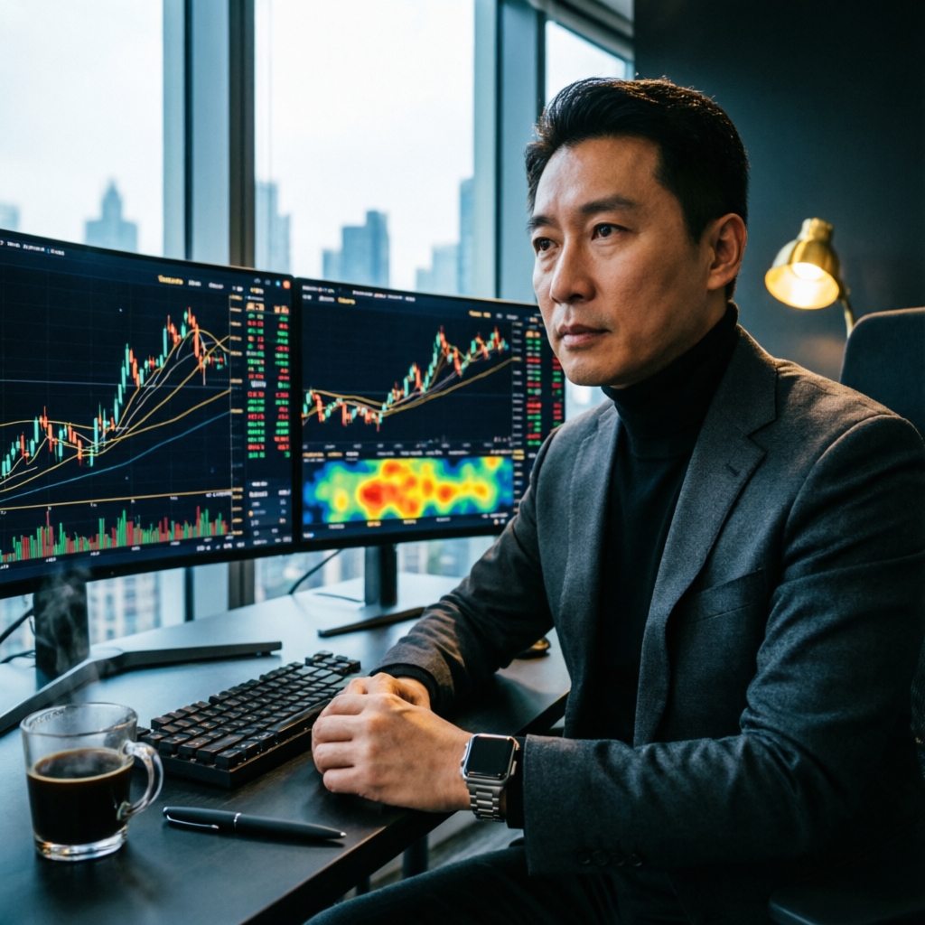 Professional forex trader using prop firm passing service at multi-monitor trading desk