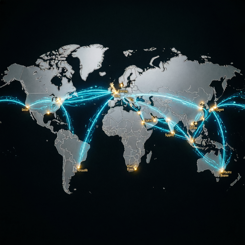 Global world map showing forex trading connections