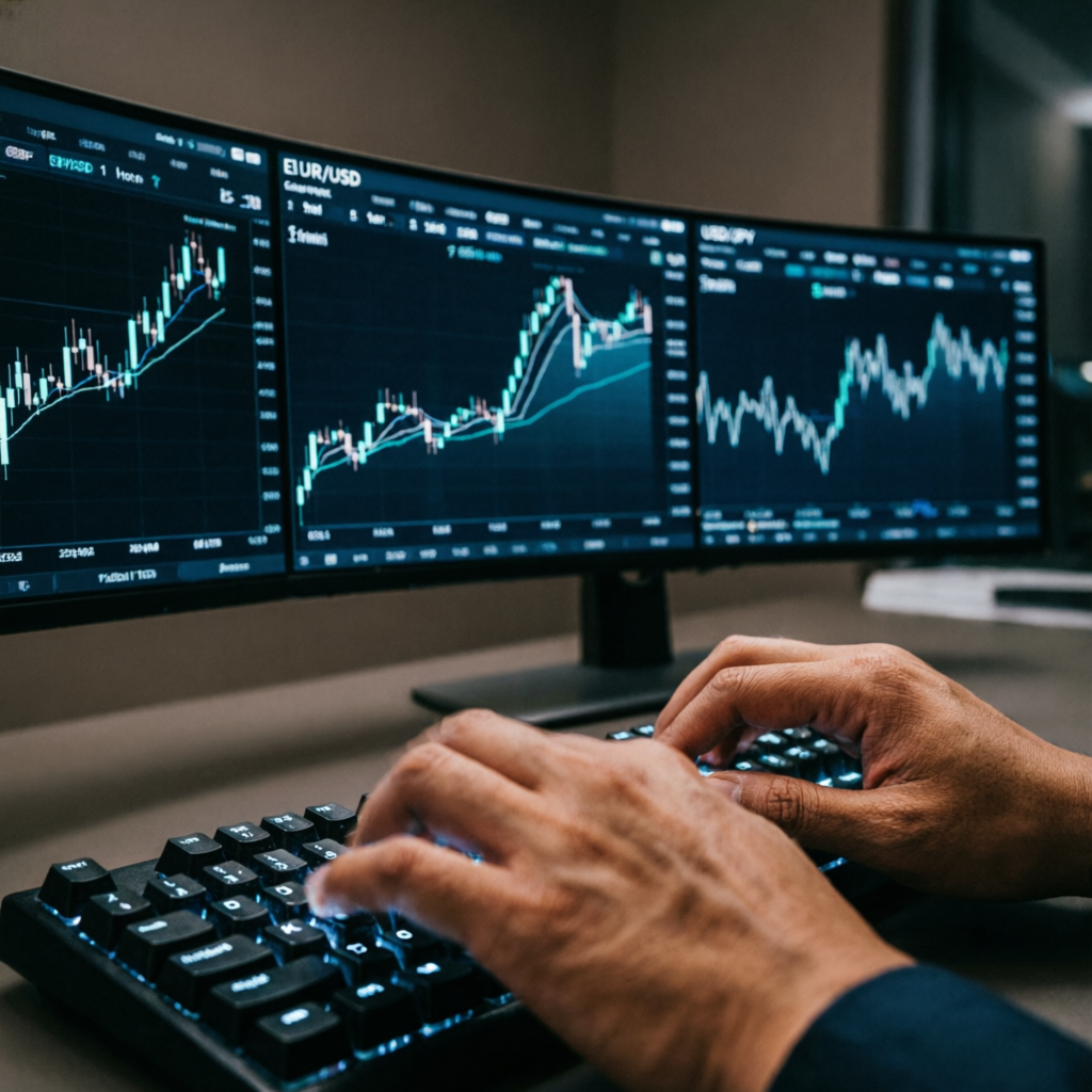 Trader executing prop firm challenge with professional trading setup