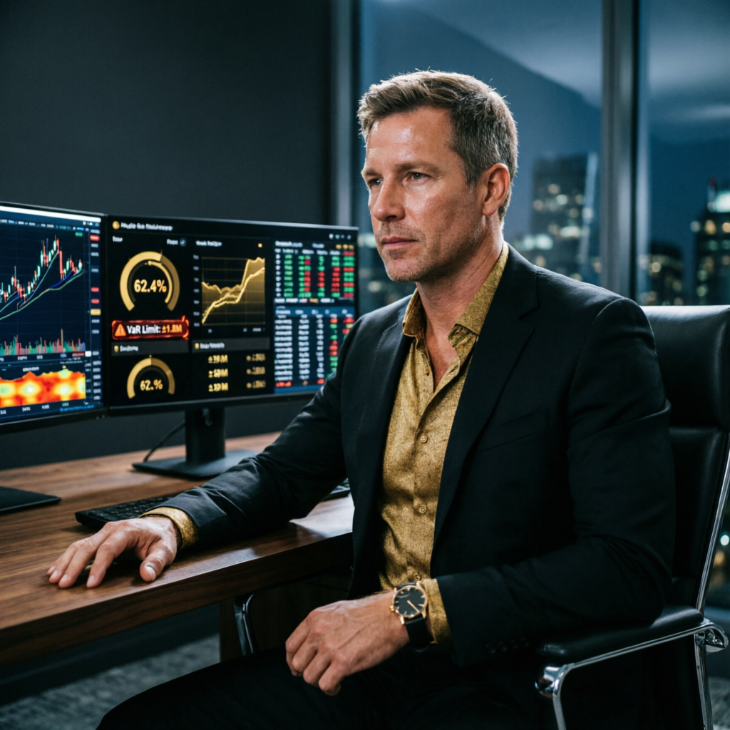 Professional trader analyzing risk management dashboard