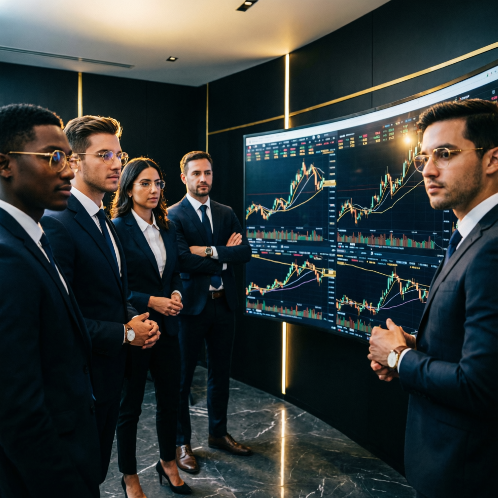 Professional prop firm trading team analyzing charts