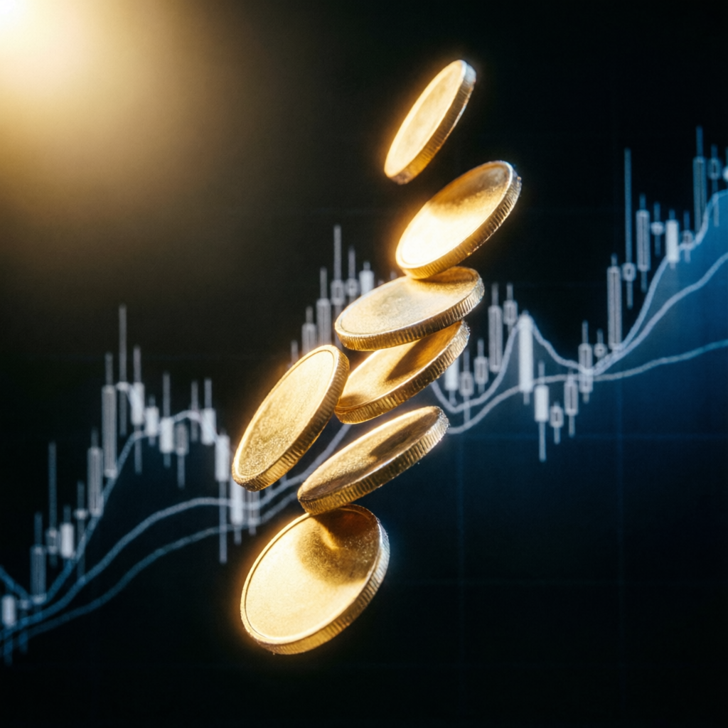 Golden coins rising with forex chart showing profits