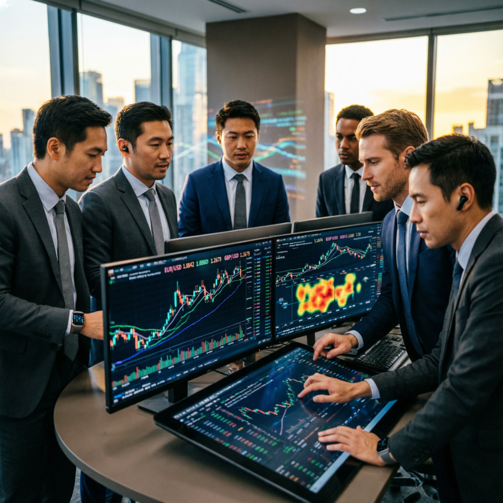 Professional trading team analyzing prop firm challenges