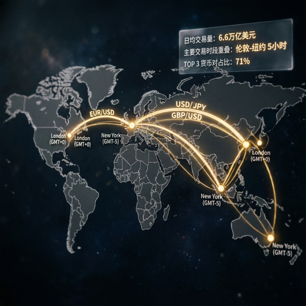 Global forex markets world map showing currency pair trading connections