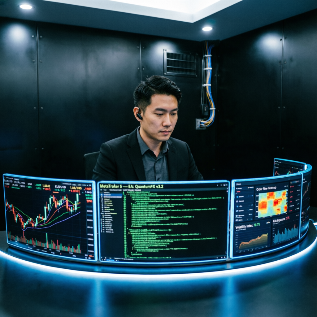 Algorithmic trading setup with MetaTrader EA and multiple chart analysis screens