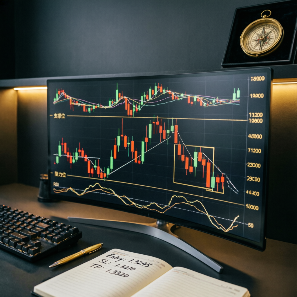 Technical analysis trading strategy with support resistance levels and RSI indicators