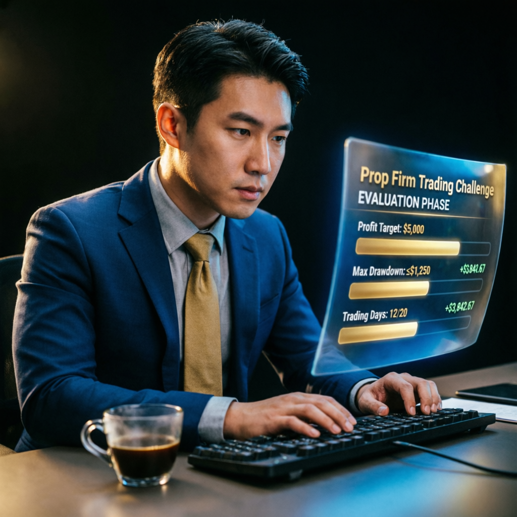 Trader successfully completing prop firm trading challenge evaluation phase
