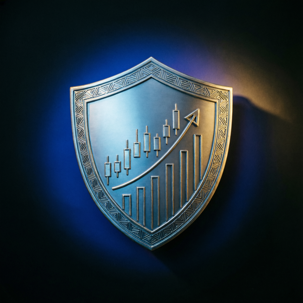 Security shield with financial charts representing account protection and trust