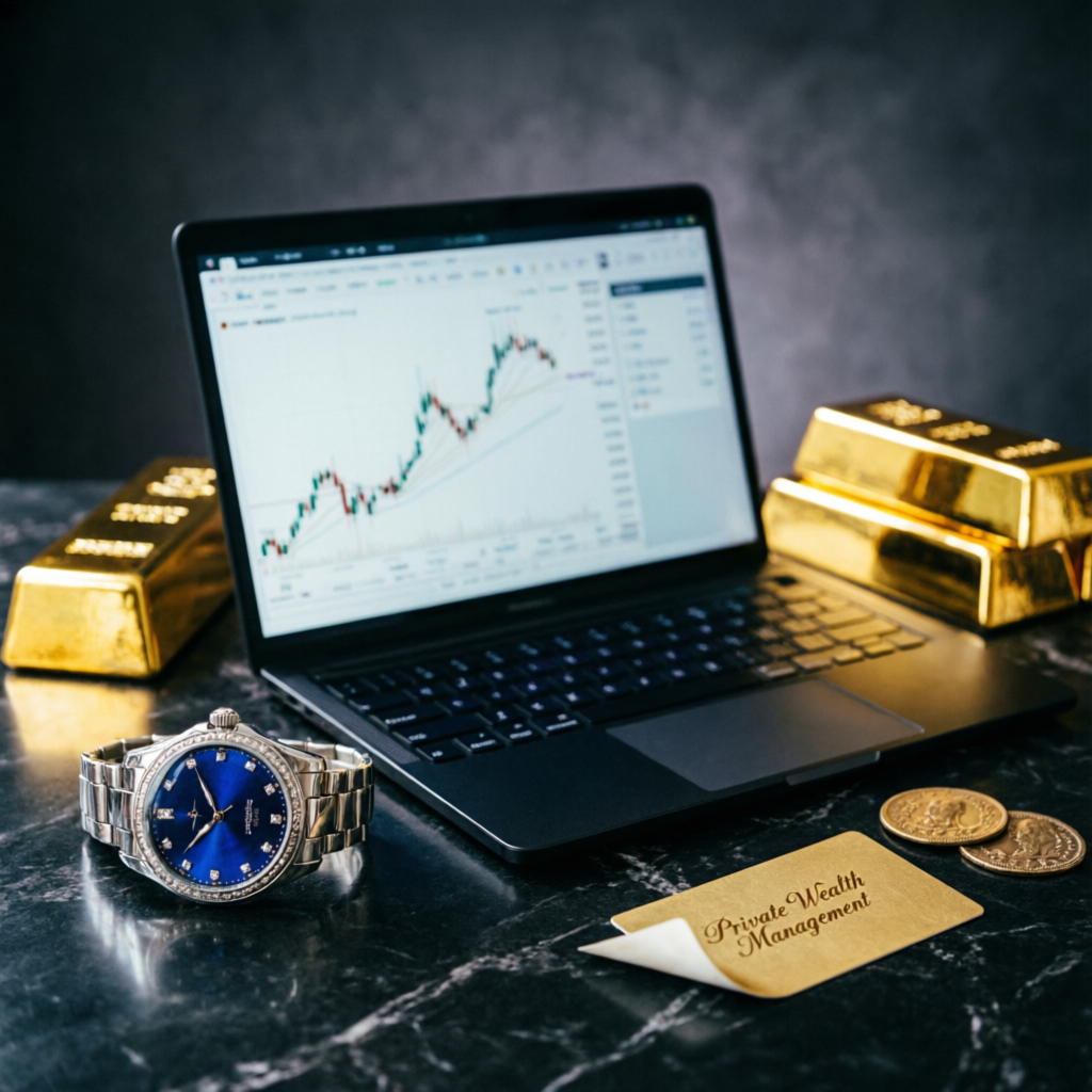 Private wealth management with gold bars and trading laptop showing profits