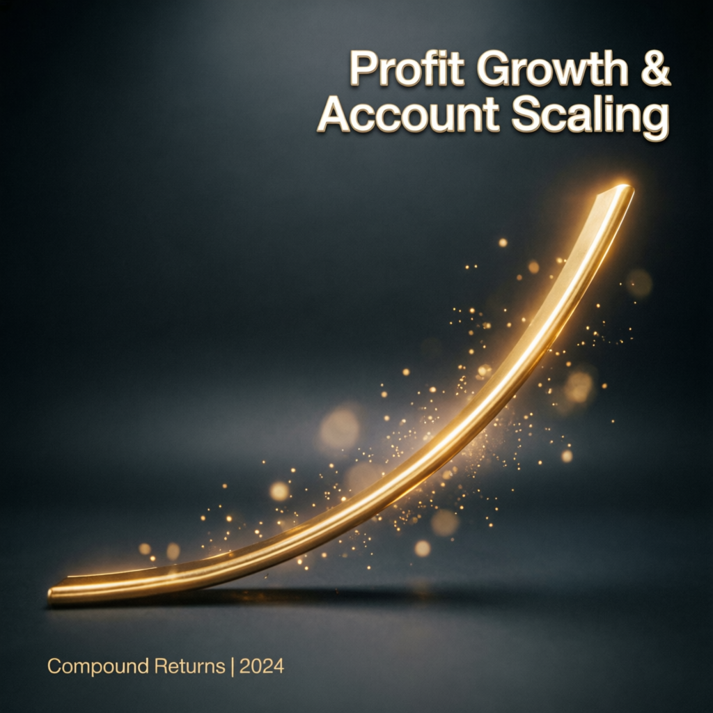 Profit growth and account scaling visualization with golden upward trend