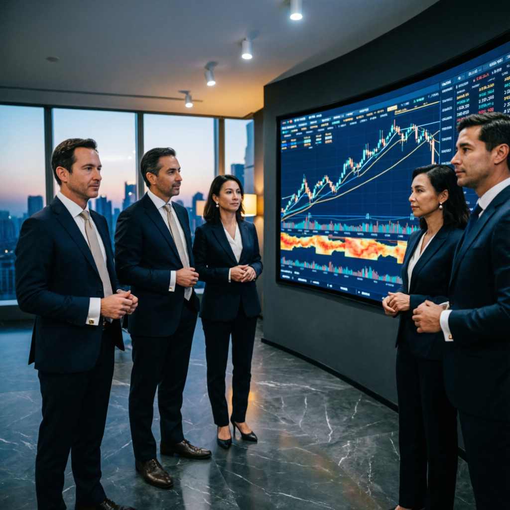 Professional team of forex traders analyzing market data in luxury modern office