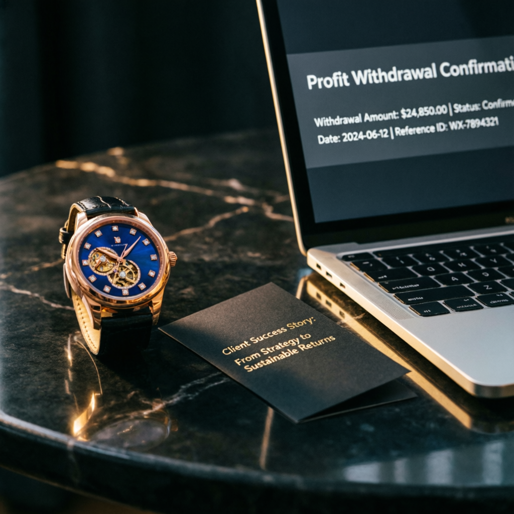 Client success story with profit withdrawal confirmation and luxury lifestyle