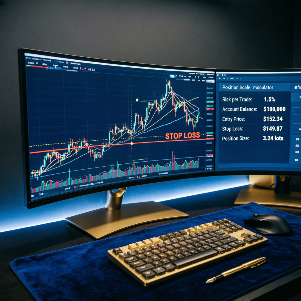 Risk management trading setup with stop loss levels and position calculator