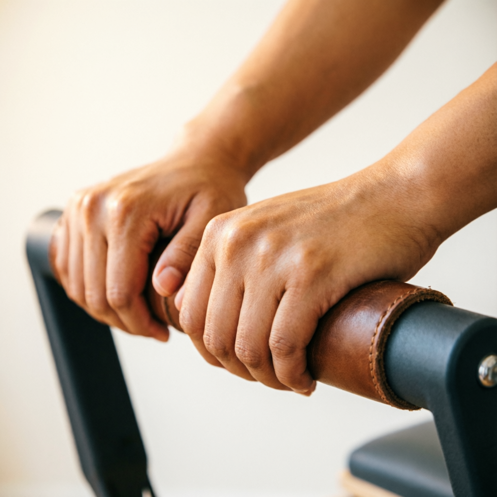 Hands gripping a reformer strap