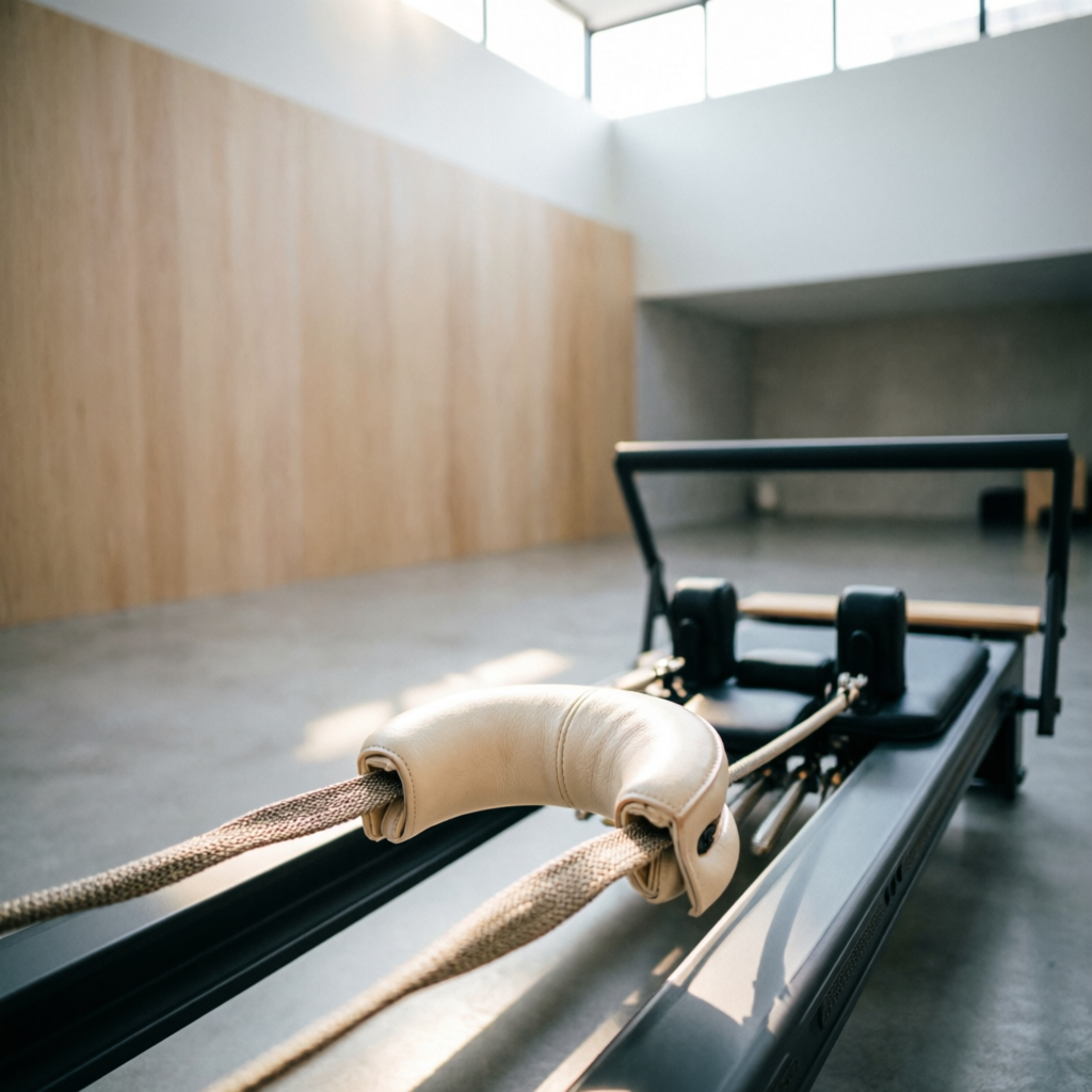 Close-up of a Pilates reformer in warm morning light at the VYAYAMAM studio