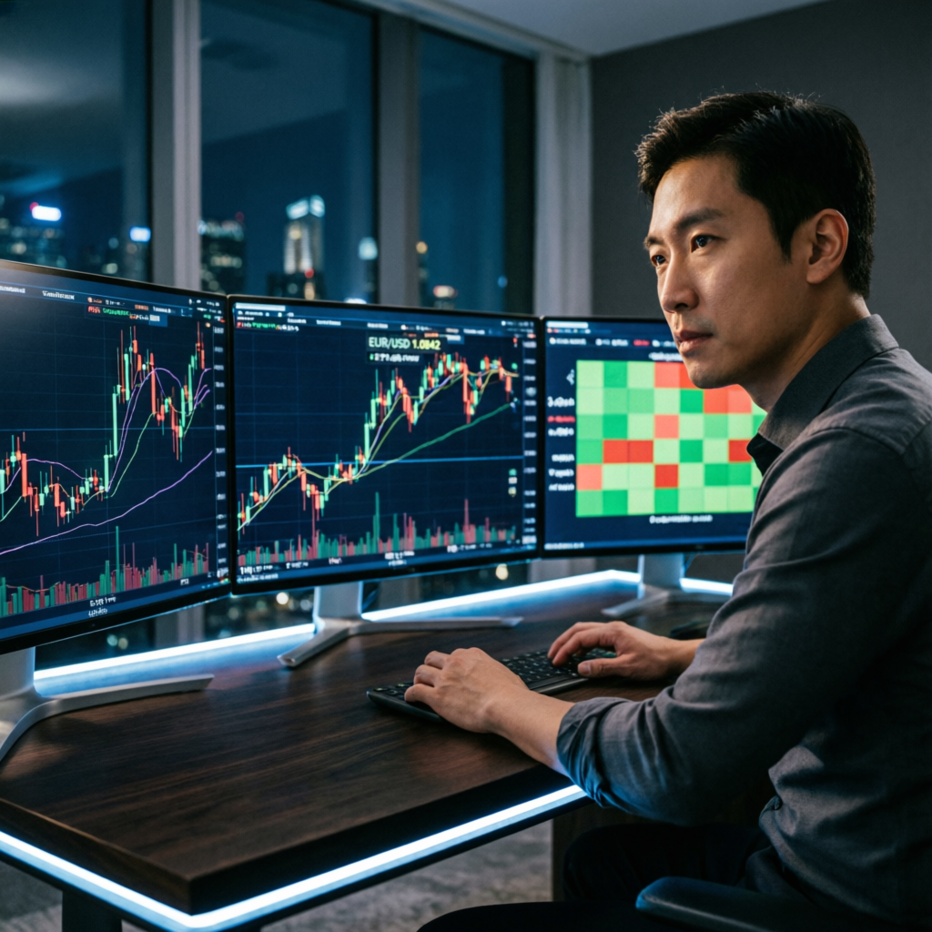 Trader analyzing forex charts on multiple monitors