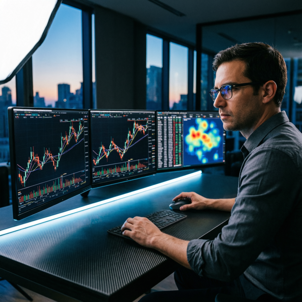Trader focused on forex trading with multiple chart displays