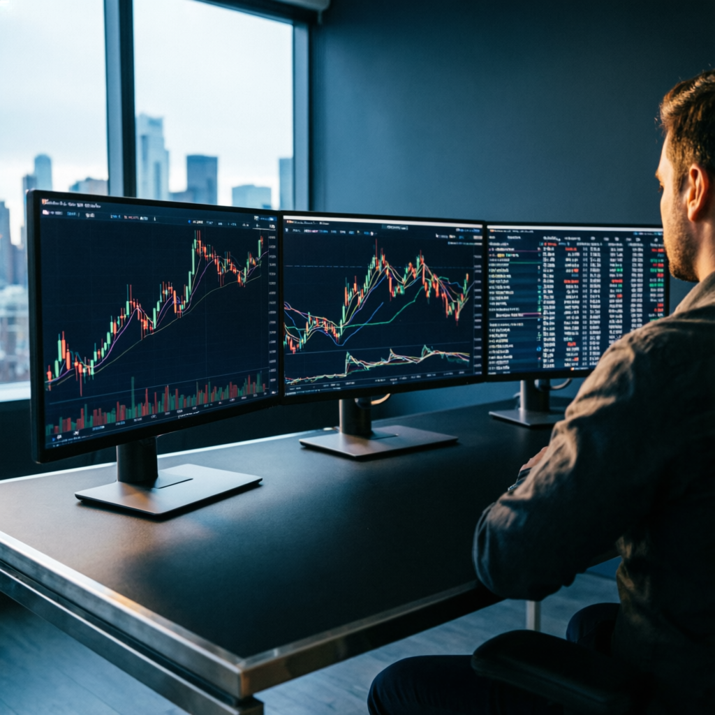 Professional trading setup with multiple monitors displaying forex charts