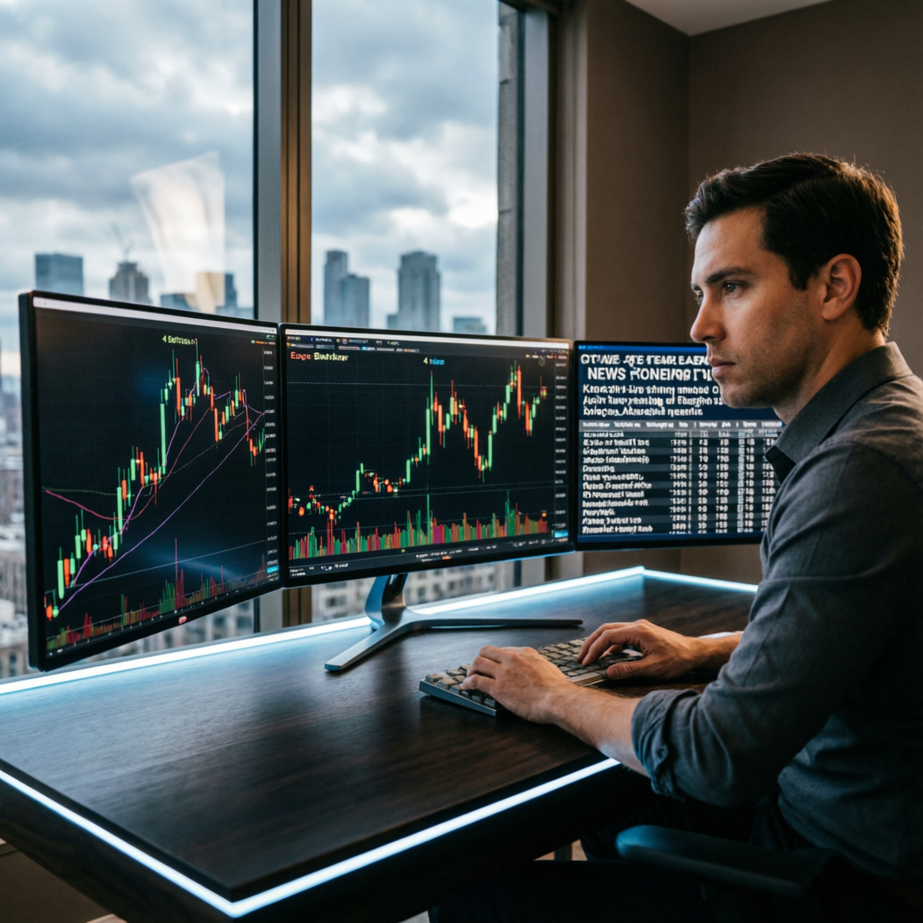 Professional trader analyzing market data on multiple screens