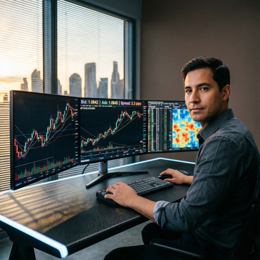 Trader monitoring multiple charts and market data