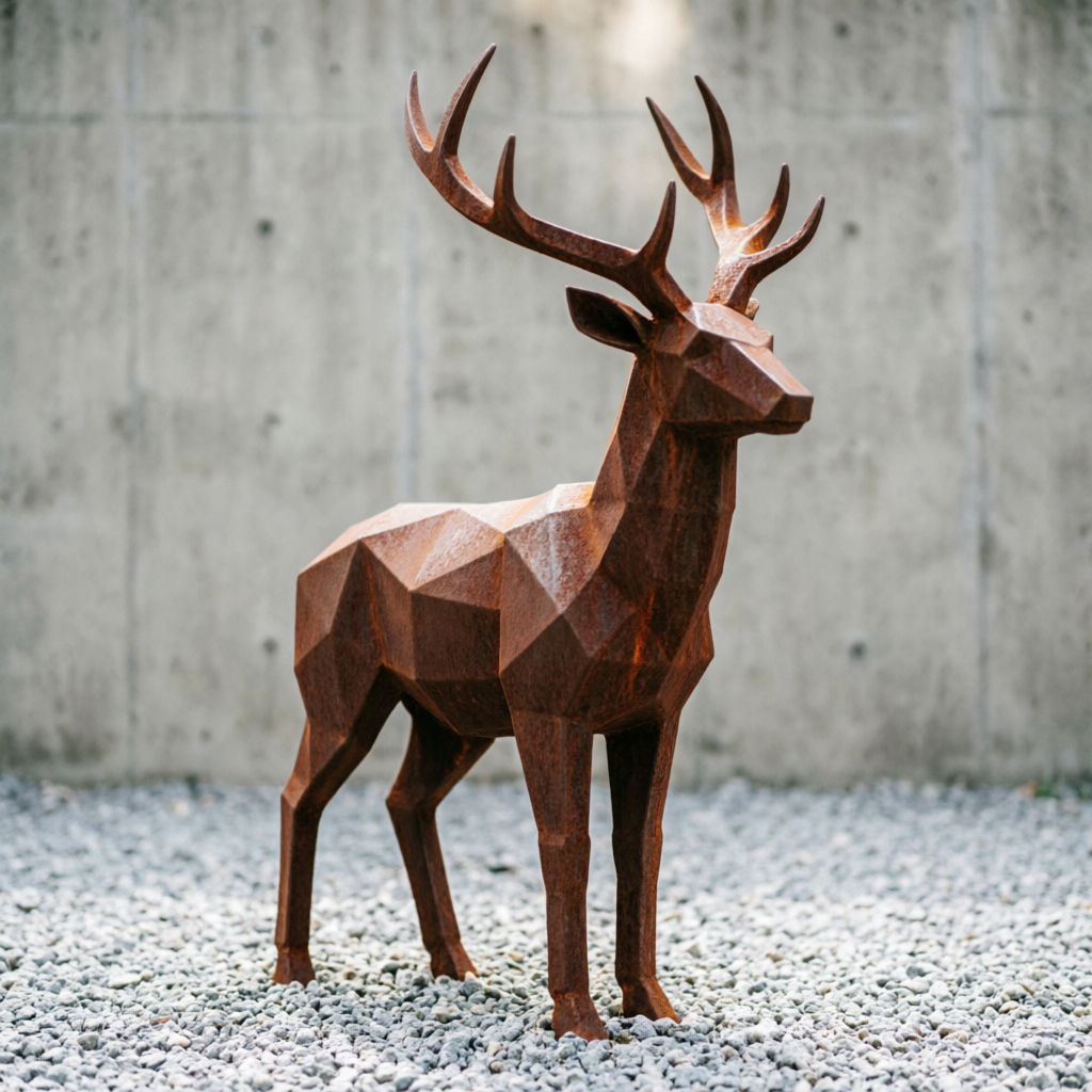 Металлическая low-poly скульптура оленя из кортеновской стали